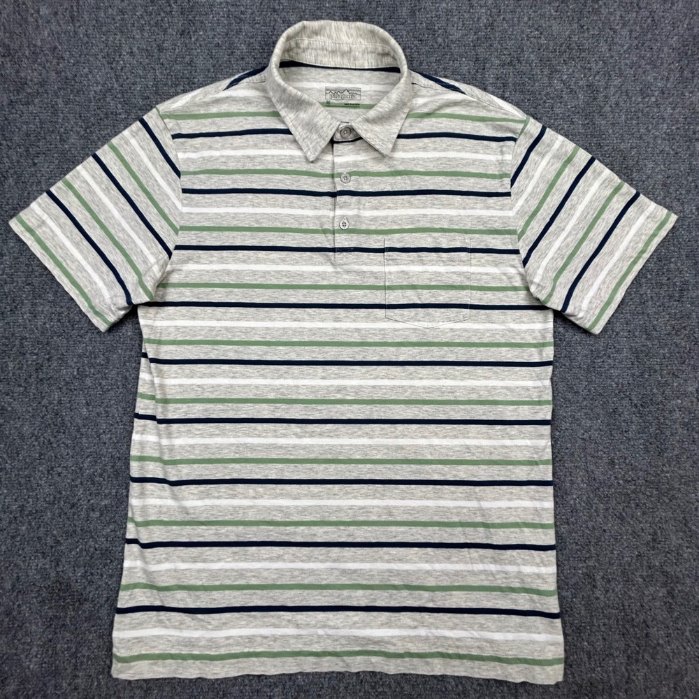 Patagonia Squeaky Clean Polo Shirt Mens M‎ Grey Green Striped Organic Cotton Top